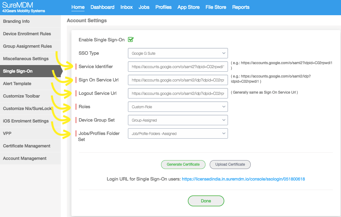 Integrate G Suite with single sign-on in 42Gears UEM - Enter Service Identifier