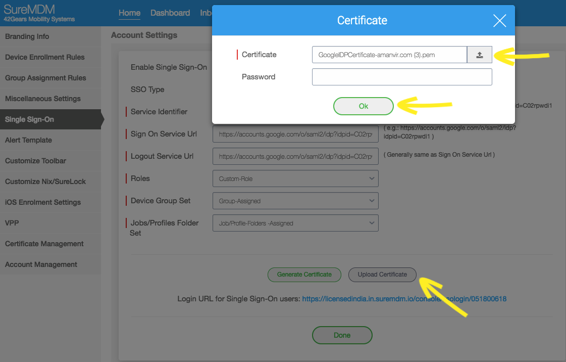 Integrate G Suite with single sign-on in 42Gears UEM - Upload Certificate