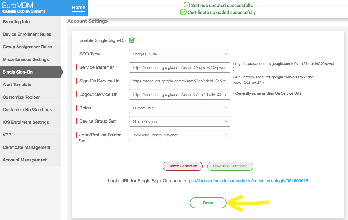 Integrate G Suite with single sign-on in 42Gears UEM - Click Done