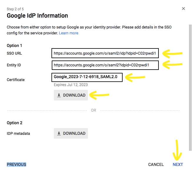 Click Setup My Own Custom App - Google IDP Information