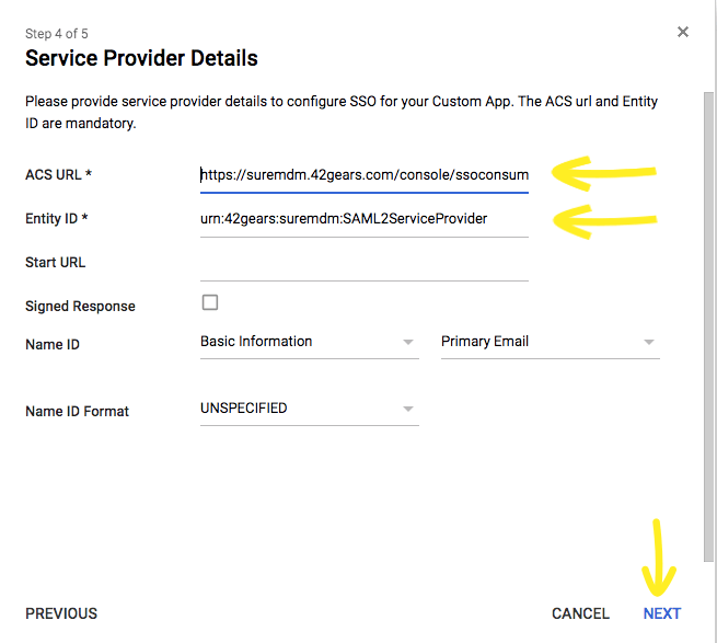 Integrate G Suite with single sign-on in 42Gears UEM - ACS URL