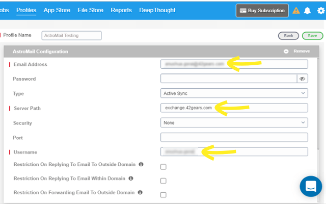 42Gears AstroMail - Enter Email address, Server Path, Username