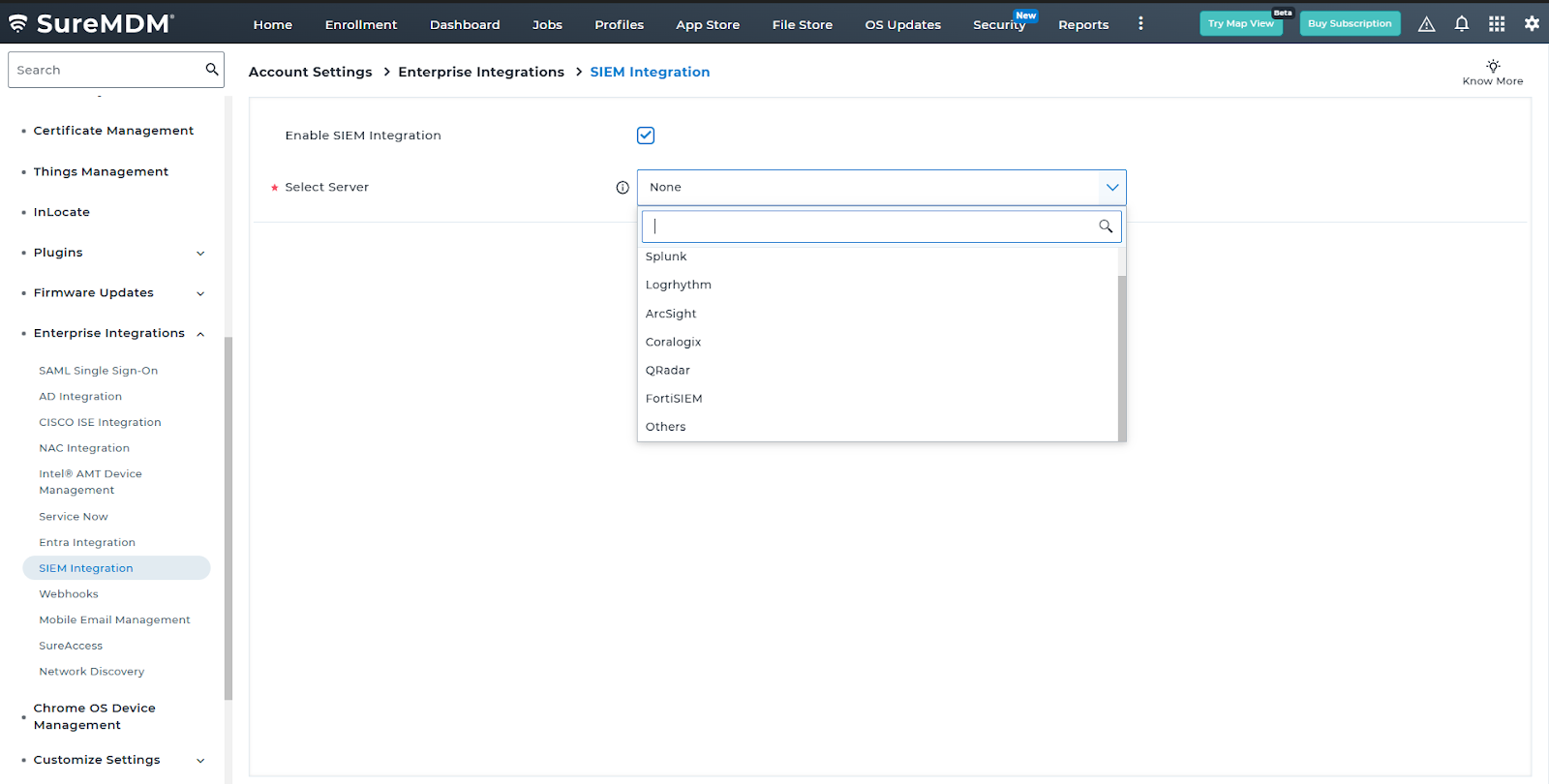 List of SIEM Integrations in SureMDM