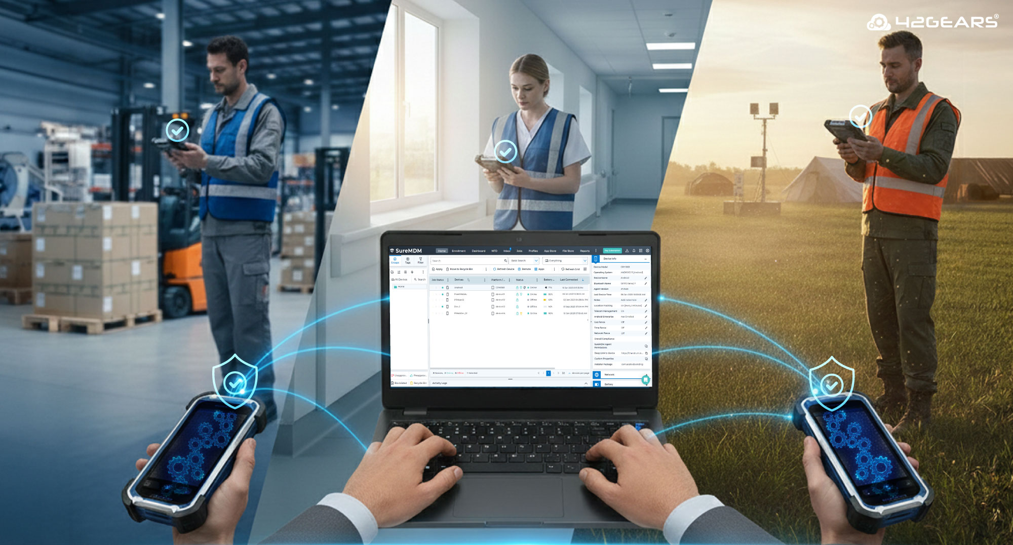 A Point Mobile rugged handheld device with the 42Gears SureMDM management interface.